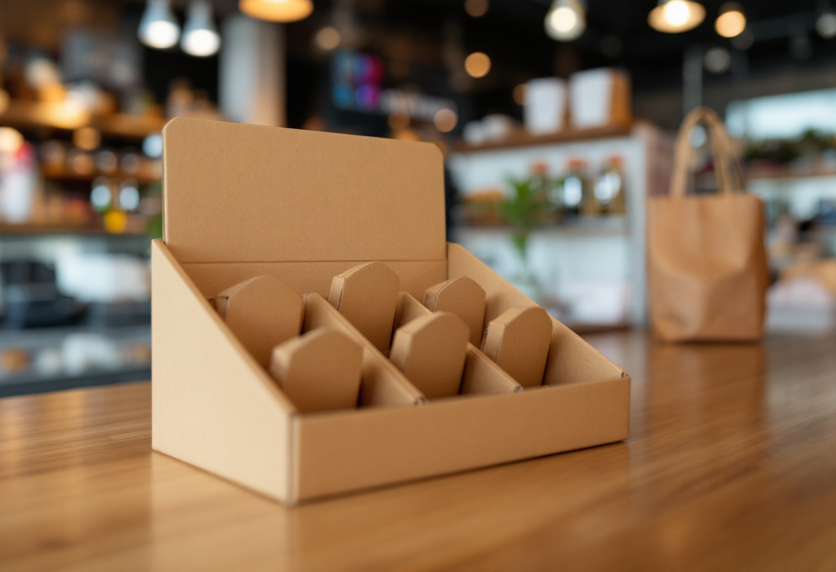 Présentoir de comptoir en carton dans magasin lumineux, arrière-plan flou